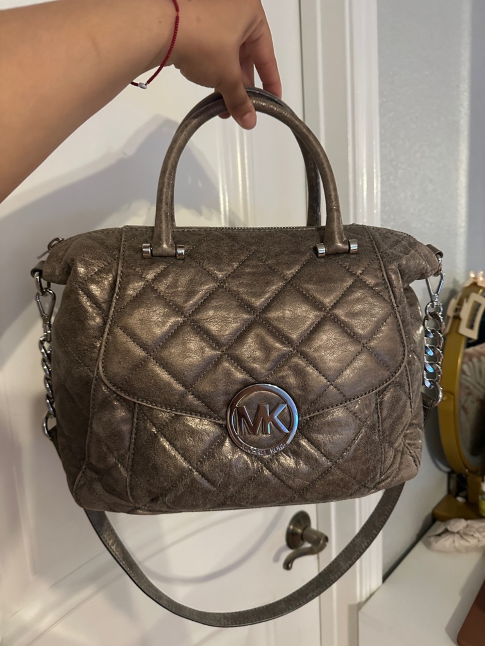 Michael Kors Quilted Metallic Taupe Satchel with Chain Strap